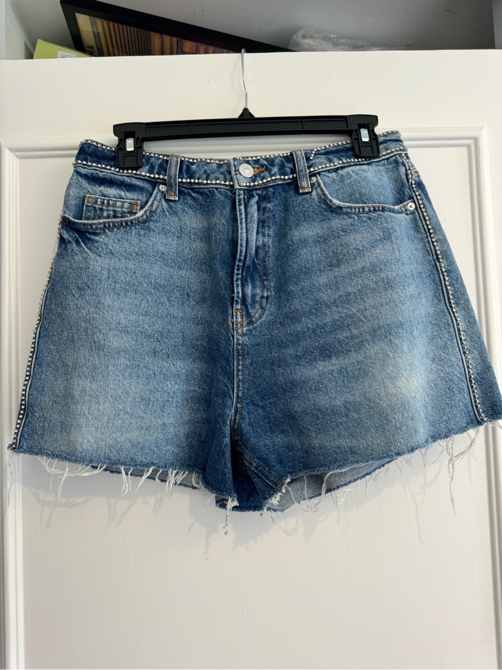 Stud-Trim High-Rise Denim Shorts in Blue